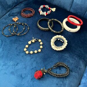 Vintage Jewelry Red White Black Bracelets Vintage Beaded Lot Faux Pearl Silver